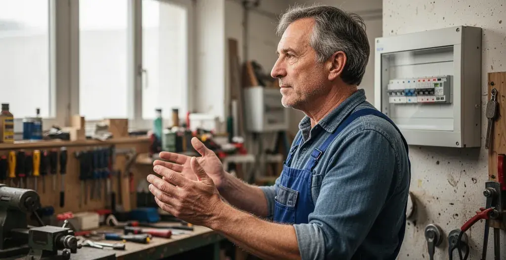 Artisan vérifiant son tableau électrique triphasé dans son atelier professionnel