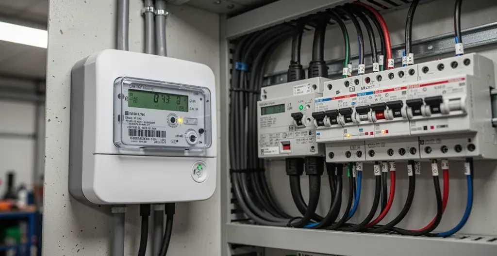 Compteur Linky triphasé installé dans un local professionnel