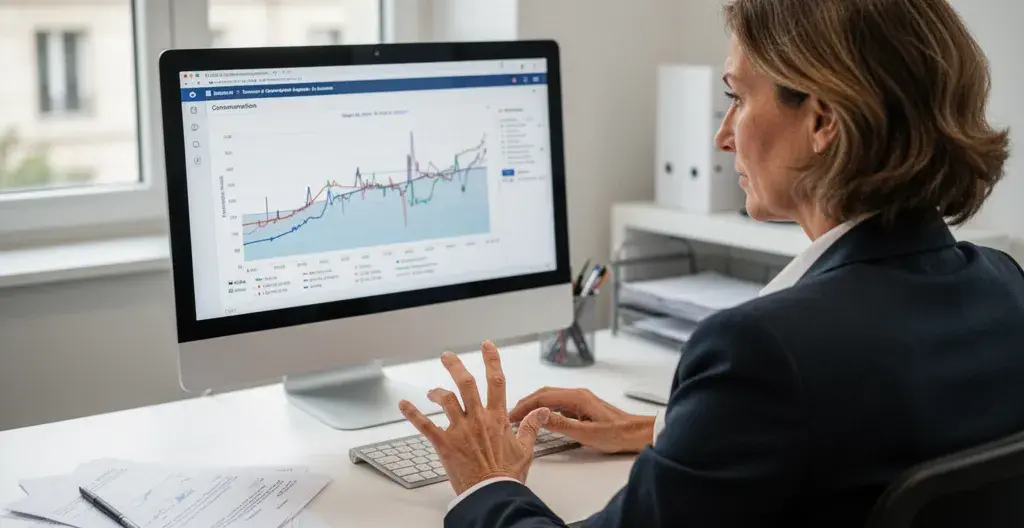 Gérante de commerce consultant son suivi de consommation électrique