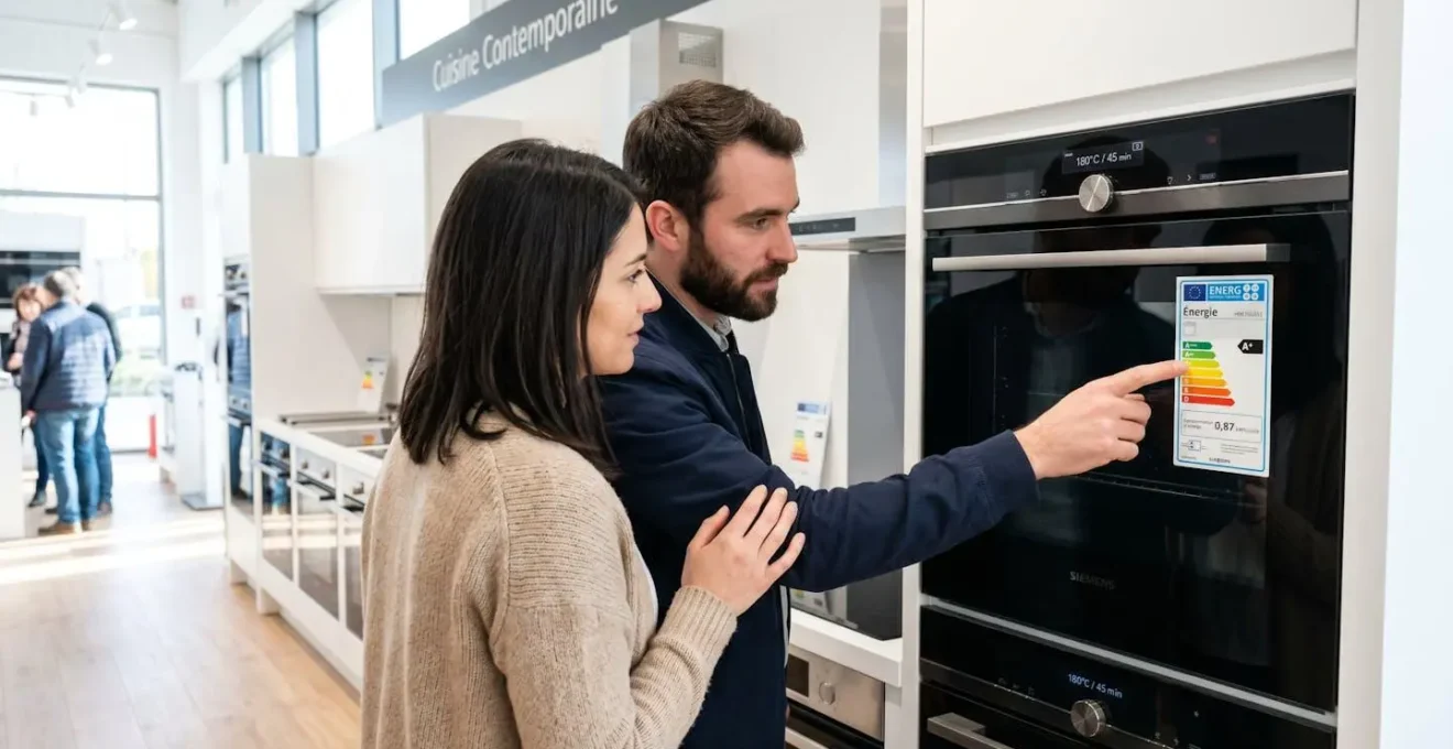 Un couple consulte attentivement l'étiquette énergétique d'un four encastrable moderne dans un showroom lumineux