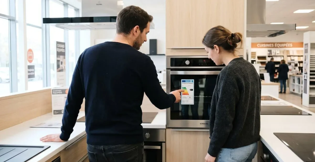 Un couple consulte attentivement l'étiquette énergétique d'un four encastrable moderne dans un showroom lumineux