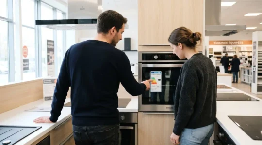 Un couple consulte attentivement l'étiquette énergétique d'un four encastrable moderne dans un showroom lumineux