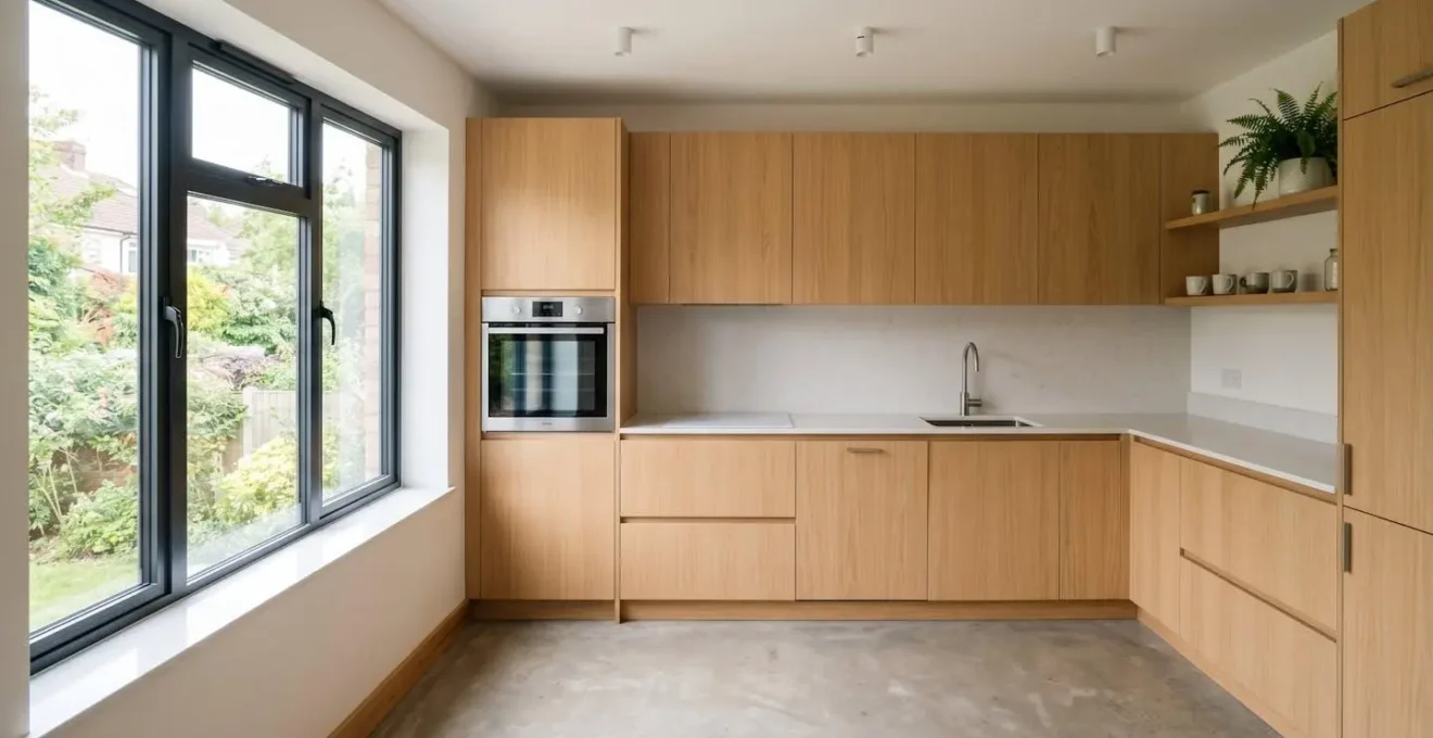 Cuisine contemporaine épurée avec four encastrable intégré dans une colonne de rangement, baignée de lumière naturelle