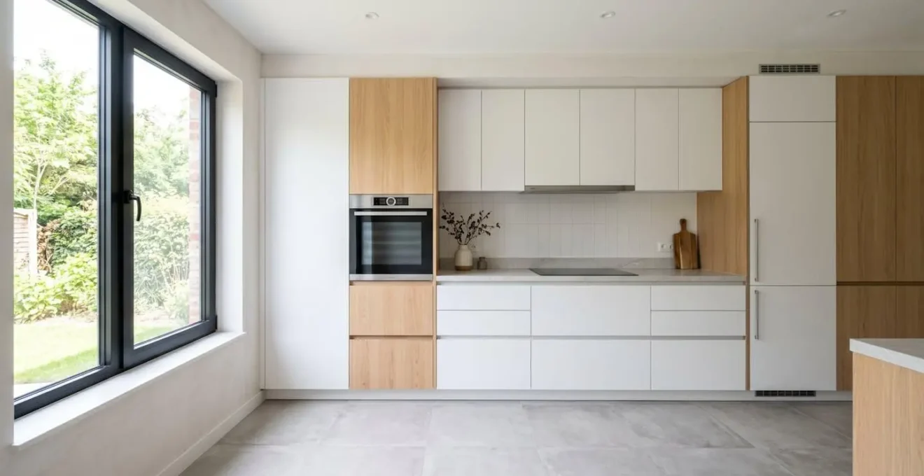 Cuisine contemporaine épurée avec four encastrable intégré dans une colonne de rangement, baignée de lumière naturelle