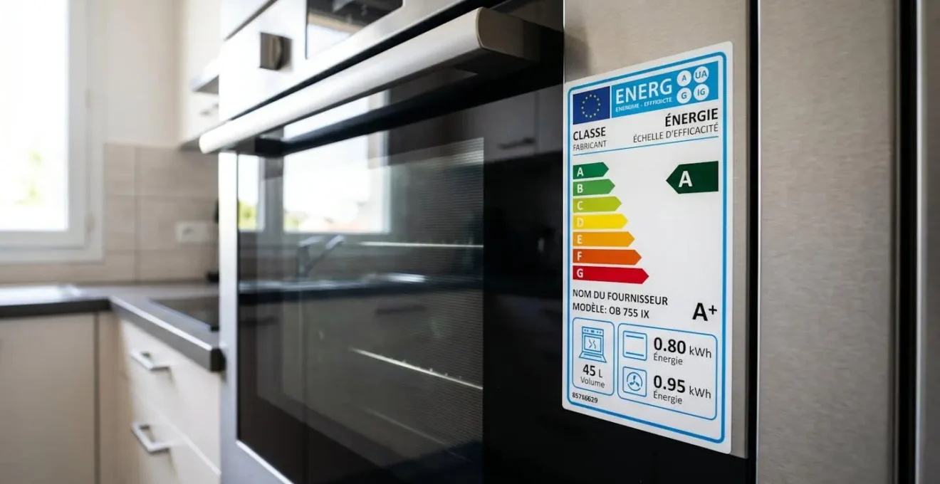 Gros plan sur une étiquette énergétique européenne moderne apposée sur la porte d'un four, avec mise au point nette sur le label de classe