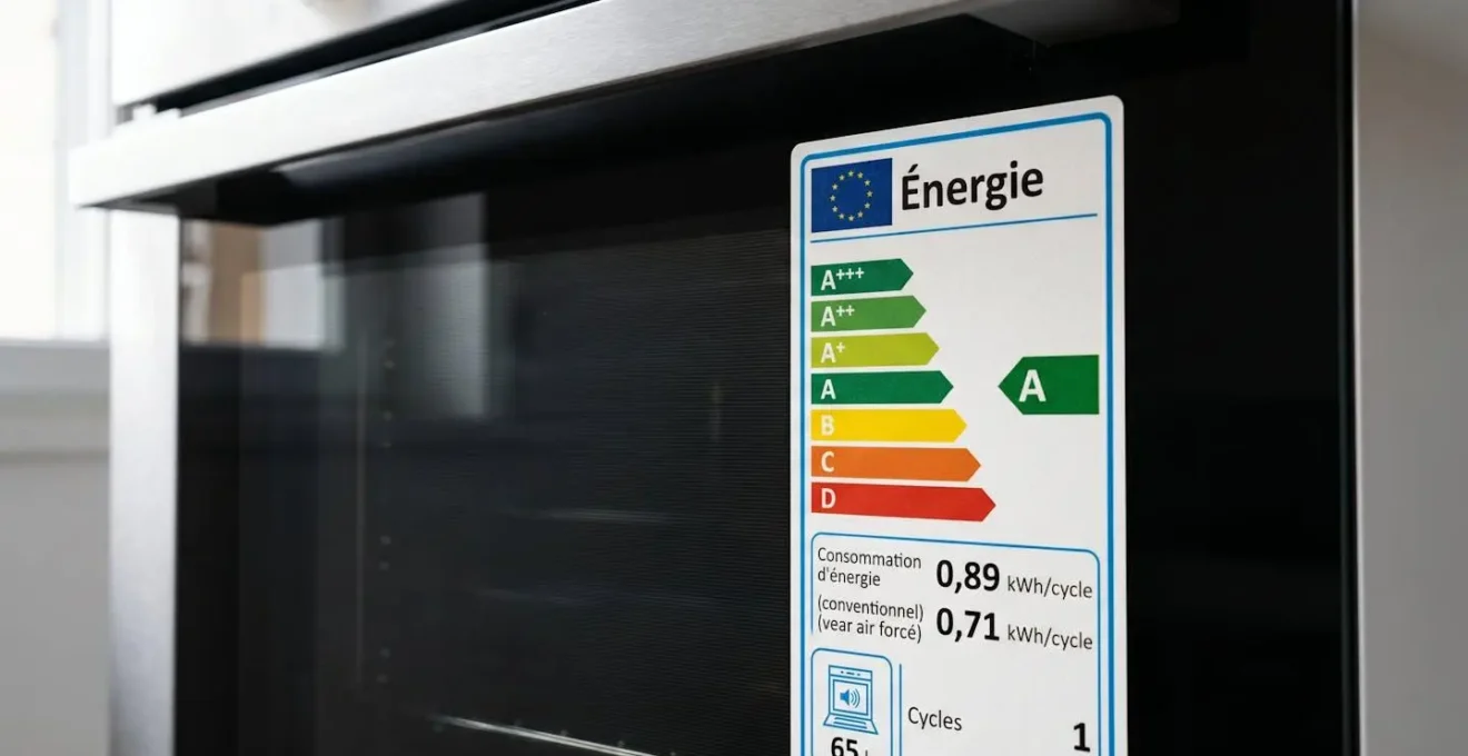 Gros plan sur une étiquette énergétique européenne moderne apposée sur la porte d'un four, avec mise au point nette sur le label de classe