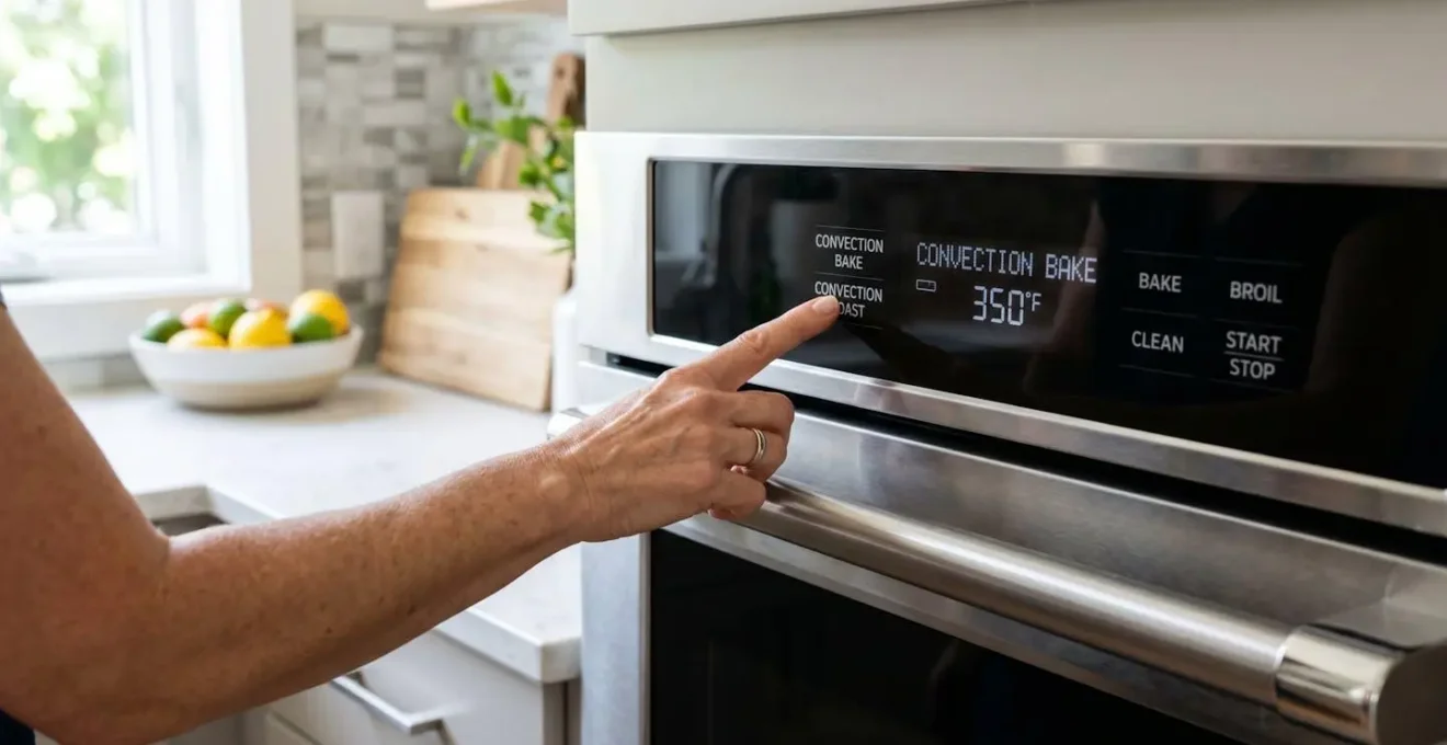 Main d'un adulte sélectionnant le mode chaleur tournante sur le bandeau de commande d'un four encastrable moderne