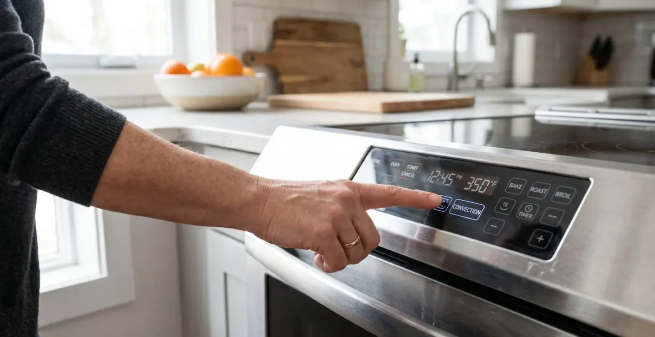 Main d'un adulte sélectionnant le mode chaleur tournante sur le bandeau de commande d'un four encastrable moderne
