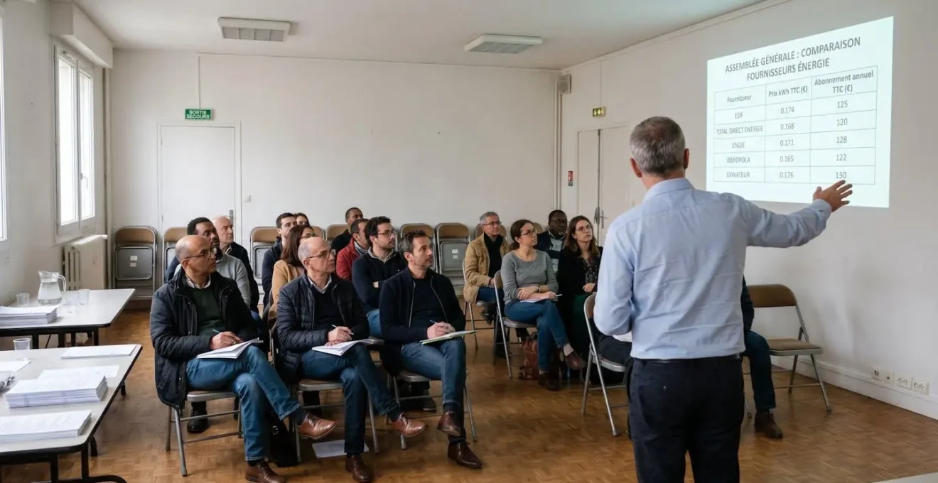 Assemblée générale de copropriété en cours dans une salle polyvalente, avec copropriétaires assis en rangées écoutant la présentation d'un syndic debout devant un tableau comparatif d'offres de gaz projeté en français