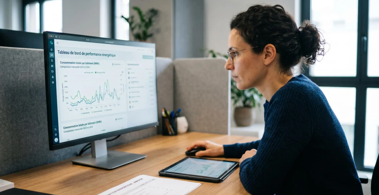 Consultant en énergie analysant des graphiques de consommation électrique et gaz sur écran d'ordinateur dans un bureau professionnel français