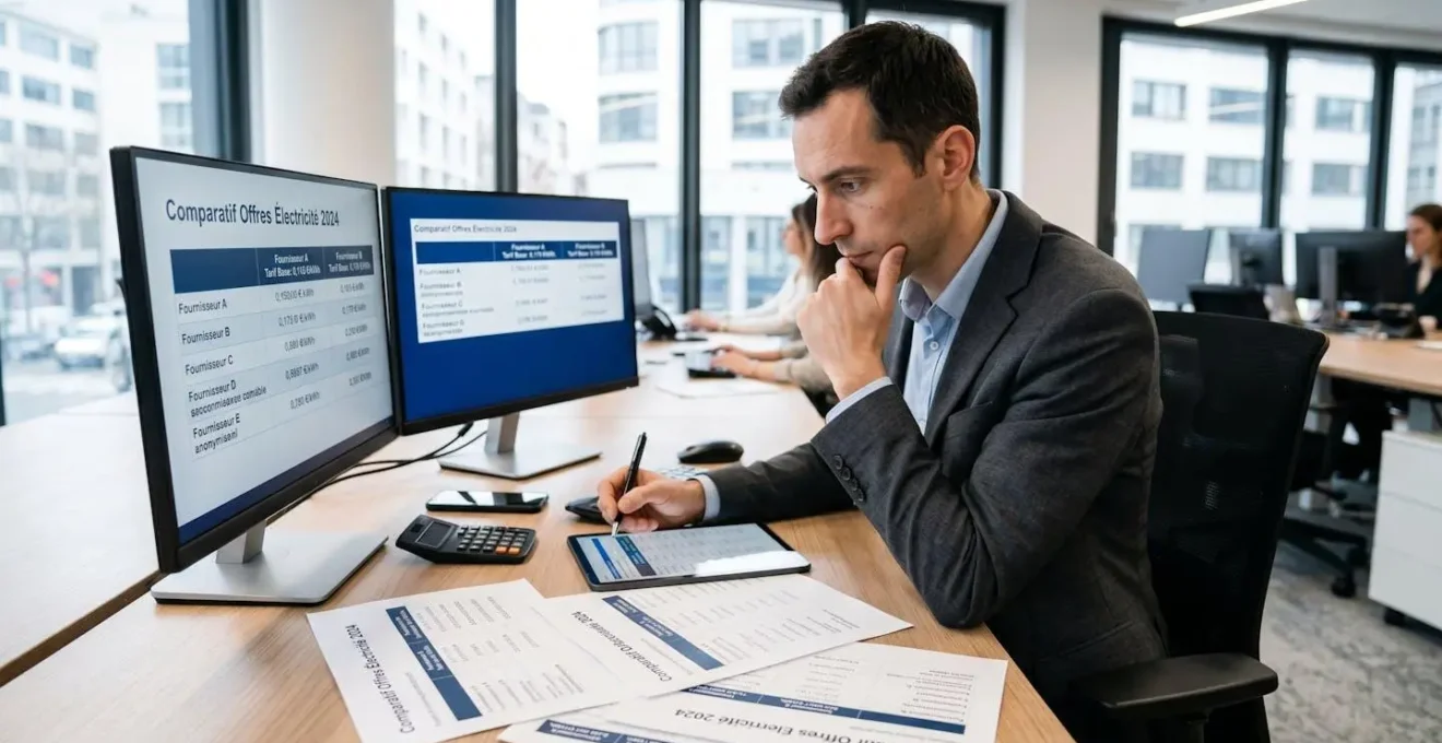 Professionnel comparant plusieurs propositions tarifaires de fournisseurs d'électricité et gaz sur bureau dans espace de travail moderne français