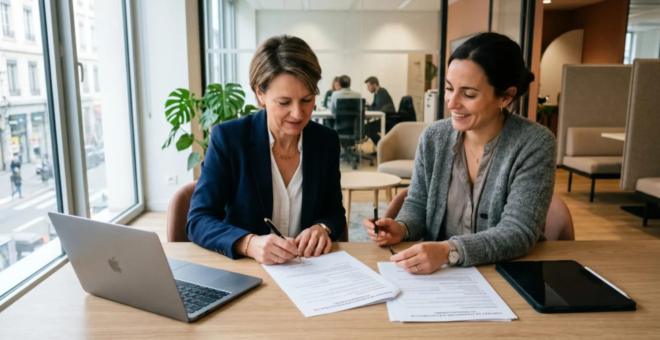 Responsable d'entreprise et courtier en énergie finalisant la signature d'un contrat d'approvisionnement électricité et gaz dans un bureau moderne en France