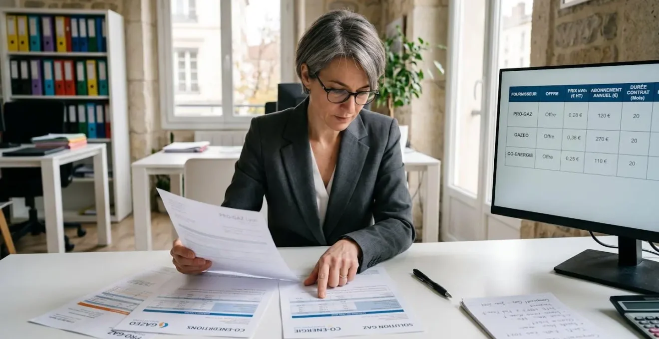 Syndic professionnel analysant plusieurs propositions tarifaires de fournisseurs de gaz étalées sur son bureau, avec écran affichant un tableau comparatif en français, dans un bureau d'agence contemporain