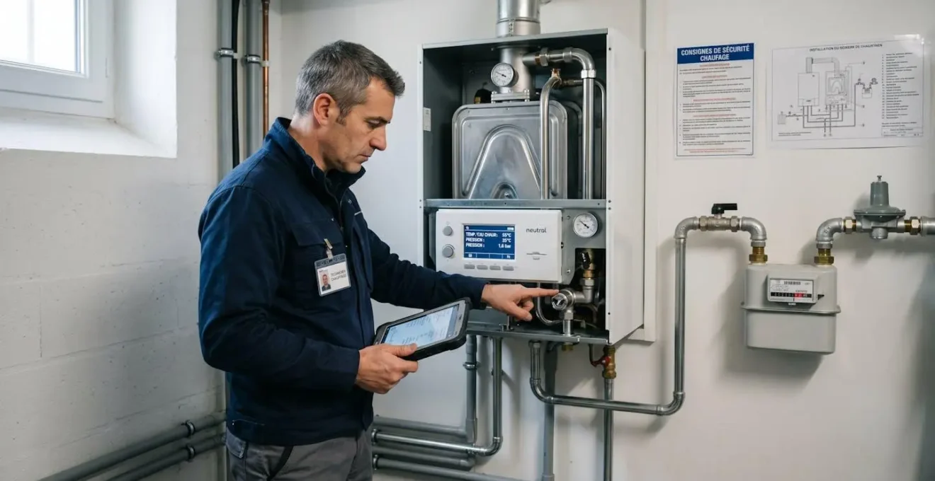 Technicien professionnel en tenue de travail effectuant le contrôle d'une chaudière collective au gaz murale dans une chaufferie de copropriété, avec compteur industriel et tuyauterie métallique visibles, regard concentré sur l'affichage numérique de l'installation