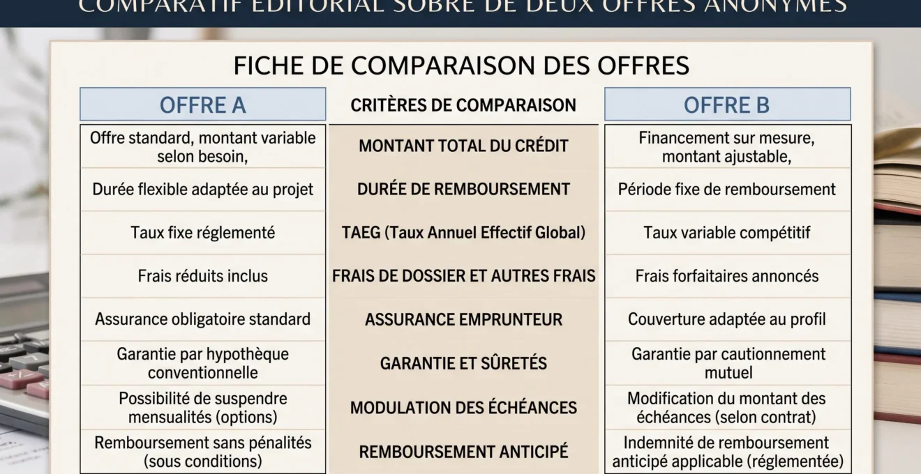 Grille de comparaison de deux offres de crédit rénovation sur des critères identiques